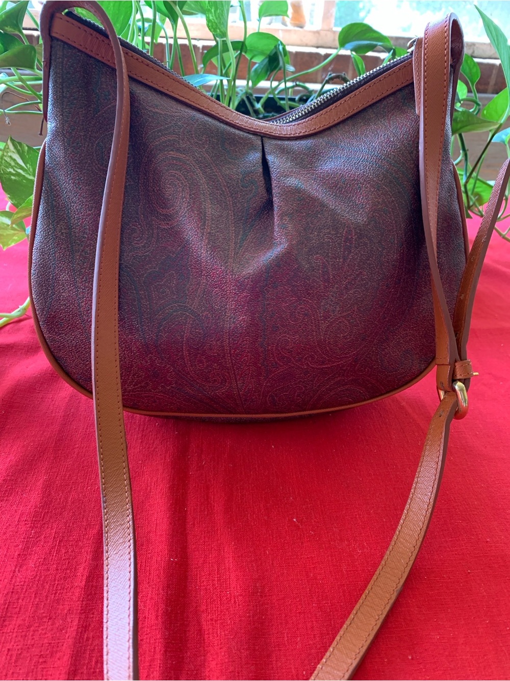 Etro Paisley Crossbody in Burgundy and Brown Leather Trim